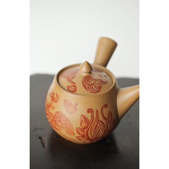 常滑 清水石仙 白泥急須 鳳凰図彫　P360 