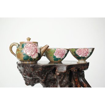 阿漕焼 盛絵 ぼたん 茶器一式　P361