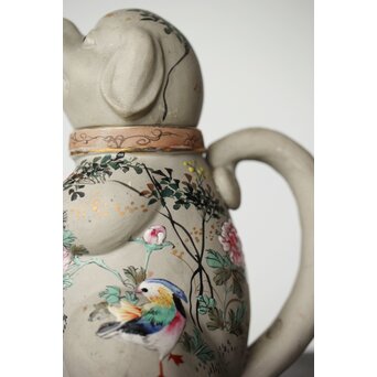 明治萬古 堀友直造 白泥色絵犬型 急須　P364 