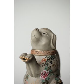 明治萬古 堀友直造 白泥色絵犬型 急須　P364 