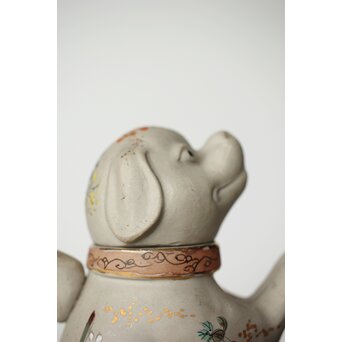 明治萬古 堀友直造 白泥色絵犬型 急須　P364 