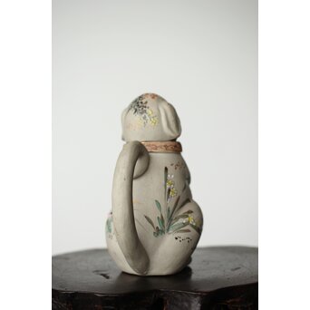 明治萬古 堀友直造 白泥色絵犬型 急須　P364 