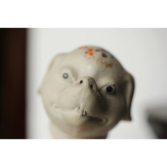 明治萬古 堀友直造 白泥色絵犬型 急須　P364 