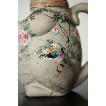 明治萬古 堀友直造 白泥色絵犬型 急須　P364 