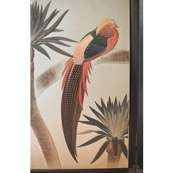 篠原如雪 木彫彩色南国花鳥図屏風　X414 