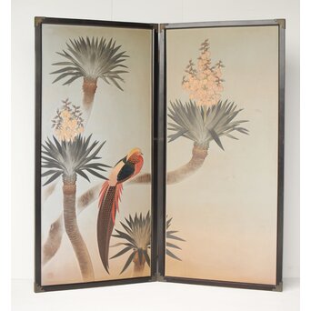 篠原如雪 木彫彩色南国花鳥図屏風　X414