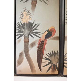 篠原如雪 木彫彩色南国花鳥図屏風　X414 