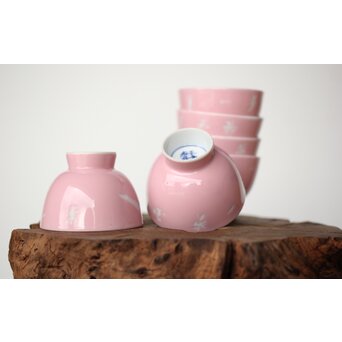 春峰作 桃色漢詩山景 煎茶碗六客　P407 