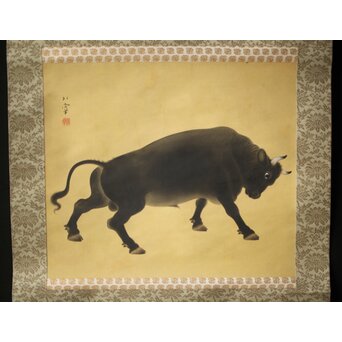 入江北宰【牡牛】絹本軸装 掛軸　Z432