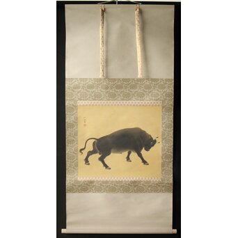 入江北宰【牡牛】絹本軸装 掛軸　Z432 