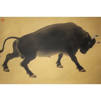 入江北宰【牡牛】絹本軸装 掛軸　Z432 