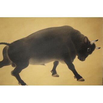 入江北宰【牡牛】絹本軸装 掛軸　Z432 