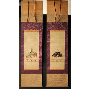 雛飾り 殿と姫 時代刺繍 掛軸 一対二幅　Z433 