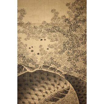 倣 田能村竹田【江草鯉魚図】水野疎梅觀 唐木箱 絹本軸装　Z434 