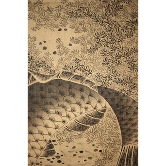 倣 田能村竹田【江草鯉魚図】水野疎梅觀 唐木箱 絹本軸装　Z434 