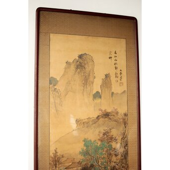 中村不折 絹本額装 タトウ付 洋画家 山水 南画　Z435 