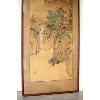 中村不折 絹本額装 タトウ付 洋画家 山水 南画　Z435 