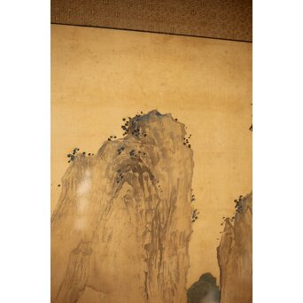 中村不折 絹本額装 タトウ付 洋画家 山水 南画　Z435 