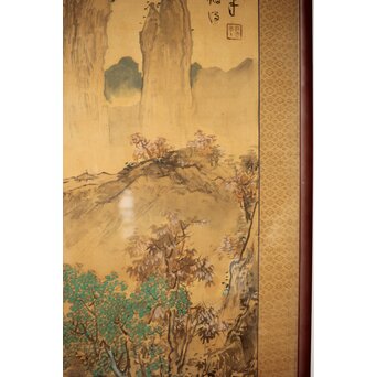 中村不折 絹本額装 タトウ付 洋画家 山水 南画　Z435 