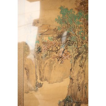 中村不折 絹本額装 タトウ付 洋画家 山水 南画　Z435 