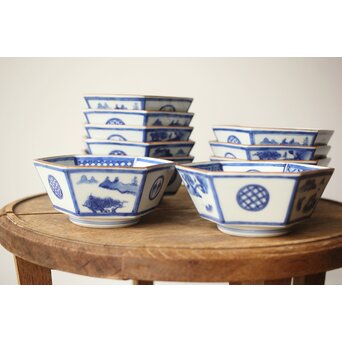 眞葛焼 初代 宮川香山 向付 十客 共箱 六方形 呉祥瑞意　P415 