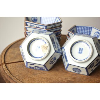 眞葛焼 初代 宮川香山 向付 十客 共箱 六方形 呉祥瑞意　P415 