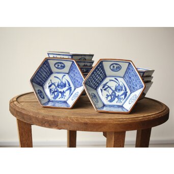 眞葛焼 初代 宮川香山 向付 十客 共箱 六方形 呉祥瑞意　P415