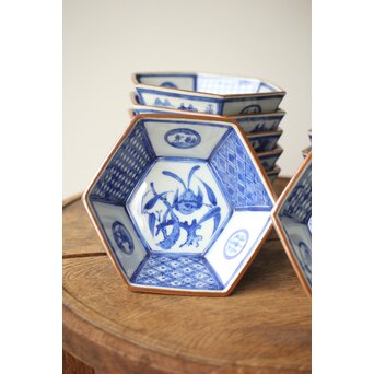 眞葛焼 初代 宮川香山 向付 十客 共箱 六方形 呉祥瑞意　P415 