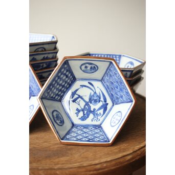 眞葛焼 初代 宮川香山 向付 十客 共箱 六方形 呉祥瑞意　P415 