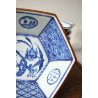 眞葛焼 初代 宮川香山 向付 十客 共箱 六方形 呉祥瑞意　P415 