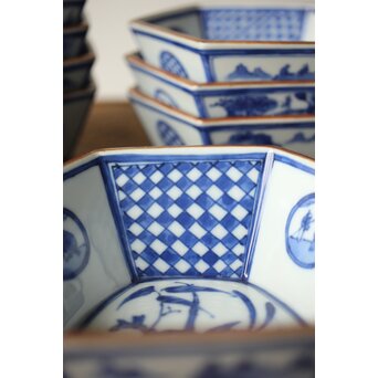 眞葛焼 初代 宮川香山 向付 十客 共箱 六方形 呉祥瑞意　P415 