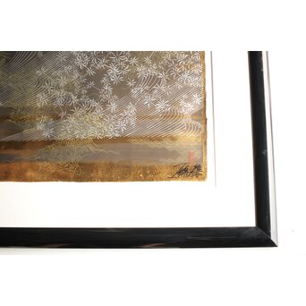 現代抽象画家 今井俊満 シルクスクリーン 20号大作 直筆サイン 金箔仕様 額装　Z437 