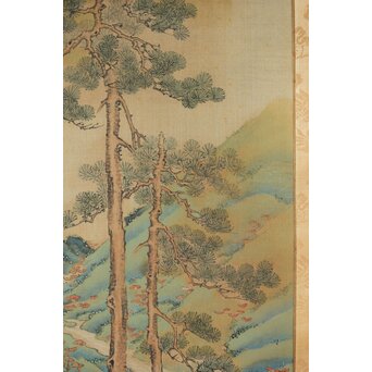 倣 谷文晁 霊芝図 絹本軸装　Z439 