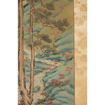 倣 谷文晁 霊芝図 絹本軸装　Z439 