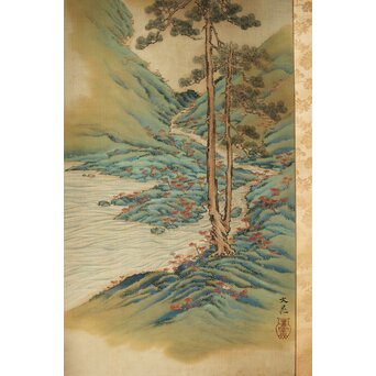 倣 谷文晁 霊芝図 絹本軸装　Z439 