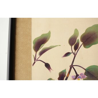 李朝 草虫図意 鶴一銘【茄子と蝶】絹本額装　Z441 