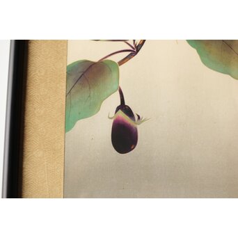 李朝 草虫図意 鶴一銘【茄子と蝶】絹本額装　Z441 