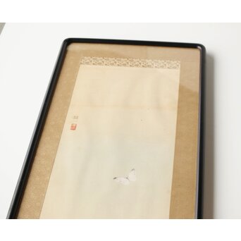 李朝 草虫図意 鶴一銘【茄子と蝶】絹本額装　Z441 