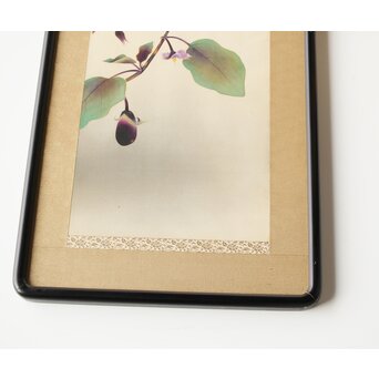 李朝 草虫図意 鶴一銘【茄子と蝶】絹本額装　Z441 