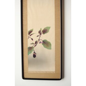 李朝 草虫図意 鶴一銘【茄子と蝶】絹本額装　Z441 