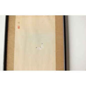 李朝 草虫図意 鶴一銘【茄子と蝶】絹本額装　Z441 