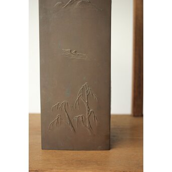 探勝作 山水風景 四方銅花瓶　M379 