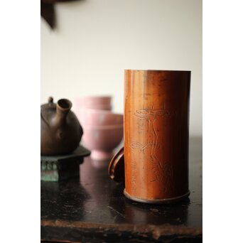 仙客採余 霊芝図 竹彫碗筒　U337