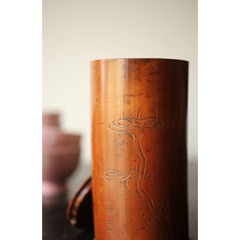 仙客採余 霊芝図 竹彫碗筒　U337 