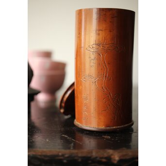 仙客採余 霊芝図 竹彫碗筒　U337 