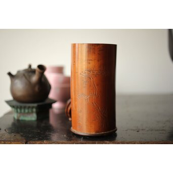 仙客採余 霊芝図 竹彫碗筒　U337 