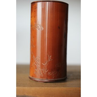 仙客採余 霊芝図 竹彫碗筒　U337 