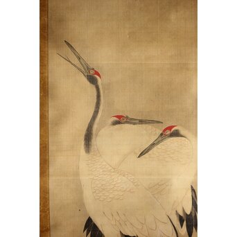 平曼容 鶴図 絹本軸装　Z442 
