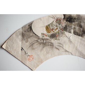 倣 河鍋暁斎 風神図 紙本扇面　Z445 