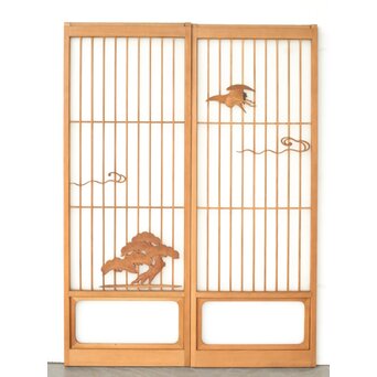 ガラス入 鶴松木彫書院 2枚1組　R0358